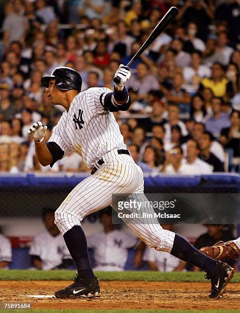 Alex Rodriguez of the New York Yankees flies out to right field in the fourth inning against the Chicago White Sox on July 31, 2007 at Yankee Stadium...