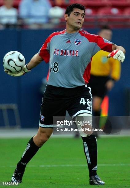 Goalkeeper Dario Sala of FC Dallas moves the ball during SuperLiga play with the Los Angeles Galaxy at Pizza Hut Park July 31, 2007 in Frisco, Texas.