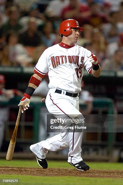 Ryan Church of the Washington Nationals hits an RBI double in the seventh inning against the Cincinnati Reds at RFK Stadium July 31, 2007 in...