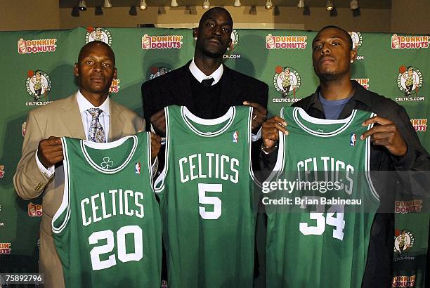 Boston Celtics Ray Allen, Kevin Garnett and Paul Pierce hold their jerseys after their press conference on July 31, 2007 at the TD Banknorth Garden...