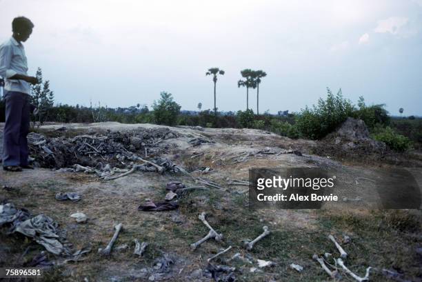 Human remains excavated from the Killing Fields at Choeung Ek outside Phnom Penh, where thousands of Cambodians were executed by the Khmer Rouge and...