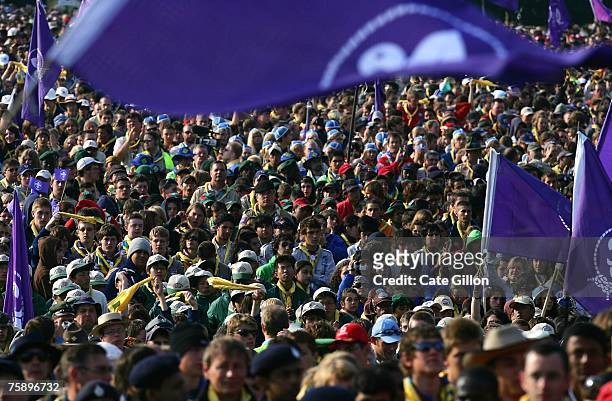Scouts from all over the world participate in a sunrise ceremony at the centenary World Scout Jamboree on August 1, 2007 in Chelmsford, England. The...