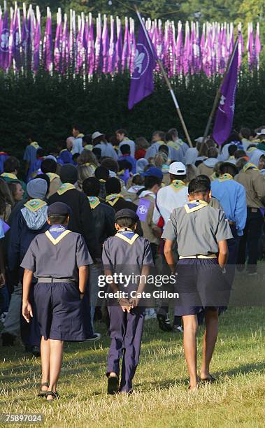 Scouts from all over the world participate in a sunrise ceremony at the centenary World Scout Jamboree on August 1, 2007 in Chelmsford, England. The...