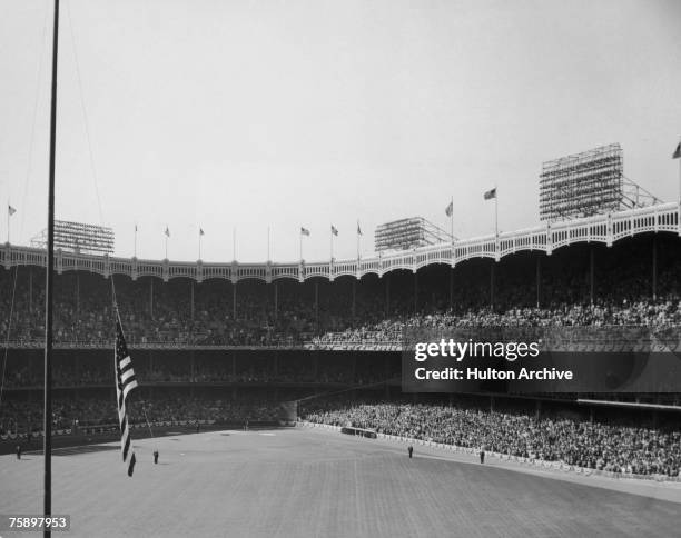 Crowds in the stands at Yankee Stadium in the Bronx, New York City, circa 1948. The stadium is the home of the New York Yankees baseball team.