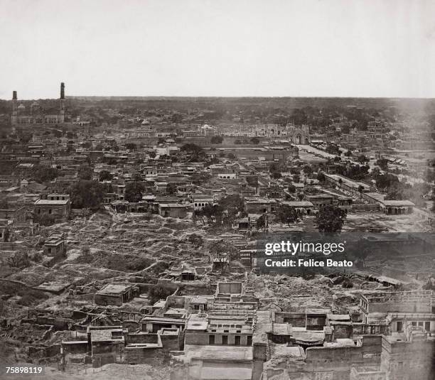 The city of Lucknow, looking north-west from the roof of the Bara Imambara, shortly after the Indian Mutiny, circa 1858. The Chota Imambara is in the...