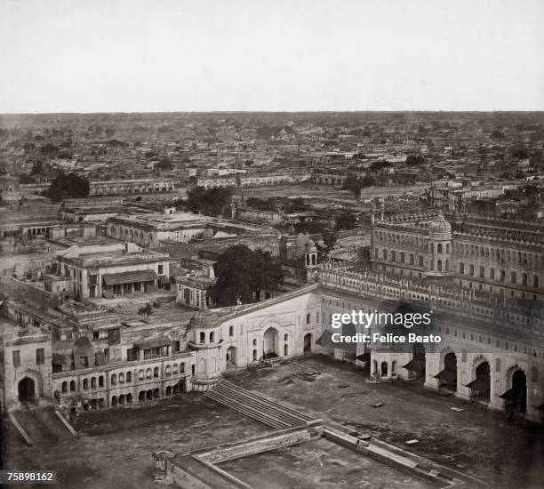 The courtyard of the Bara Imambara in Lucknow, shortly after the Indian Mutiny, circa 1858. The entrance to the Baoli or well is on the left and the...