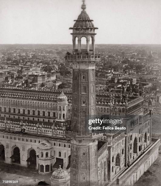 The main entrance to the Bara Imambara in Lucknow, looking south from the roof of the Asafi Masjid or Mosque, shortly after the Indian Mutiny, circa...