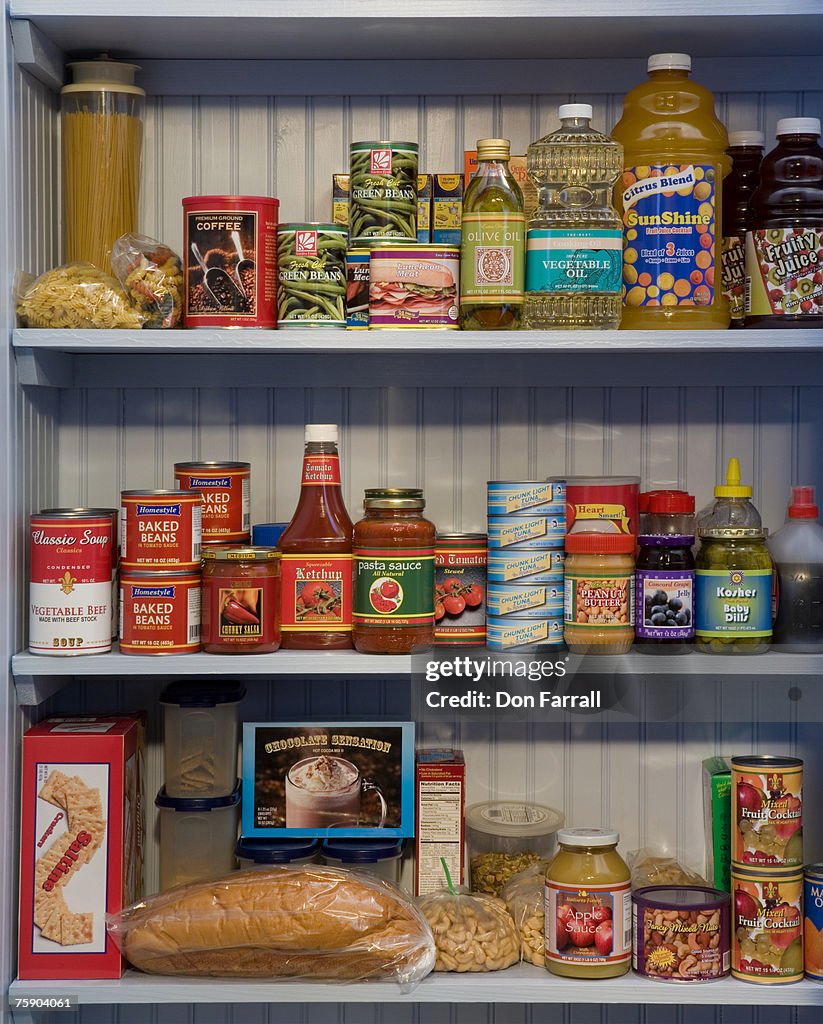 Food items on pantry shelves