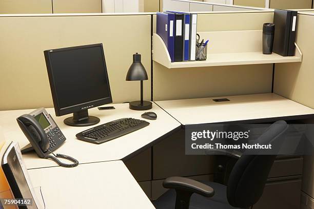 computer and files in office - organized desk stock pictures, royalty-free photos & images