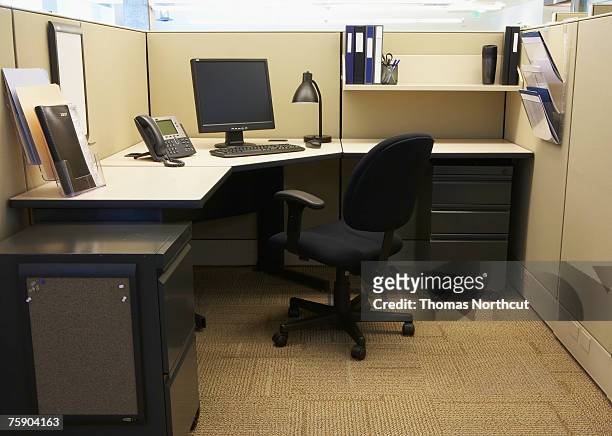 computer with telephone in office - empty office fotografías e imágenes de stock