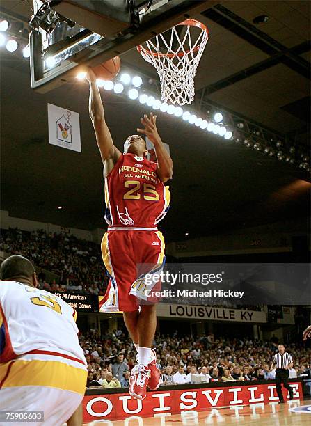 Memphis recruit Derrick Rose goes up for a layup during action in the McDonald's All American High School Basketball Team games at Freedom Hall in...