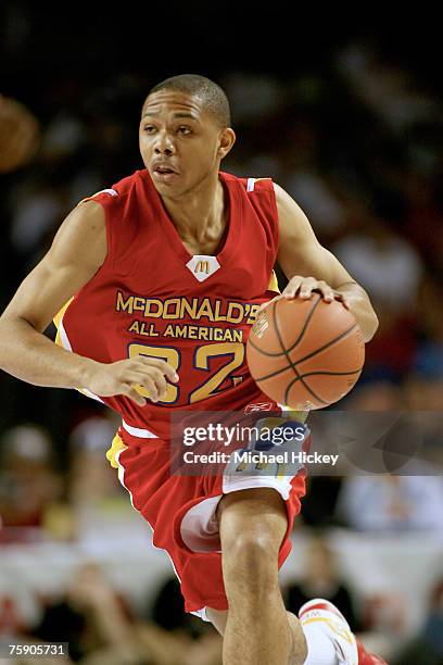 Indiana recruit Eric Gordon dribbles the ball upcourt during action in the McDonald's All American High School Basketball Team games at Freedom Hall...