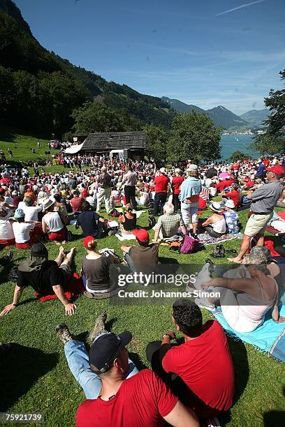 Visitors of the Ruetli celebrations crowd the Ruetli meadow on August 1 near Luzern, Switzerland. Every year the reenactment of the forming of the...