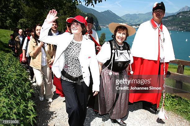 Swiss president Micheline Calmy-Rey and Christine Egerszegi-Obrist arrive for the Ruetli celebrations on August 1 near Luzern, Switzerland. Every...