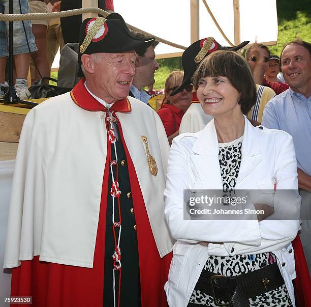 Swiss president Micheline Calmy-Rey chats during the Ruetli celebrations on August 1 near Luzern, Switzerland. Every year the reenactment of the...