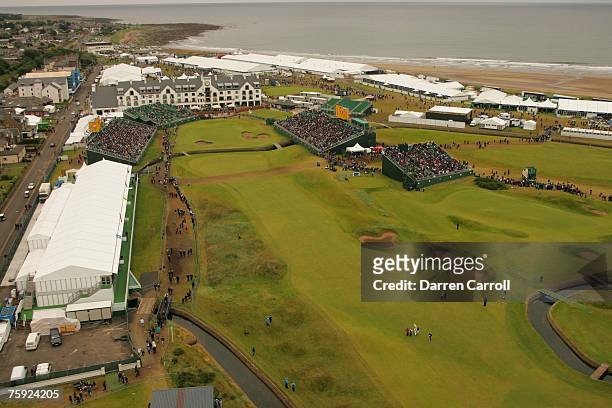 Aerial general view of the 18th hole, including the green and hotel, during the third round of the 136th Open Championship in Carnoustie, Scotland at...