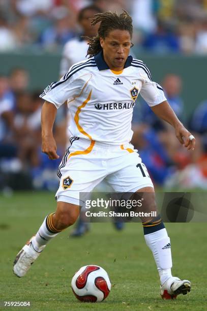 Cobi Jones of the Los Angeles Galaxy makes his move to the net during the World Series of Football match against Chelsea FC at the Home Depot Center...