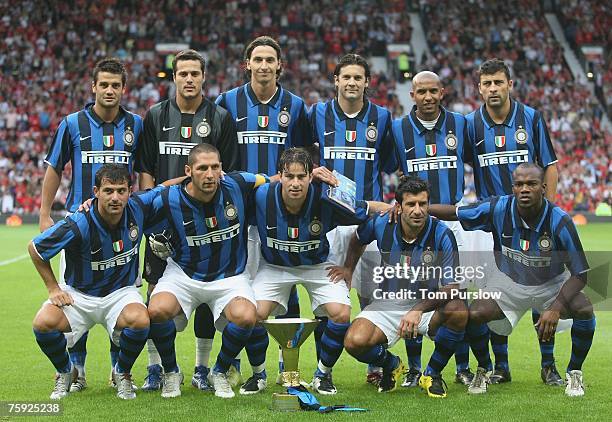 The Inter Milan team line up ahead of the pre-season friendly match between Manchester United and Inter Milan at Old Trafford on August 1 2007, in...