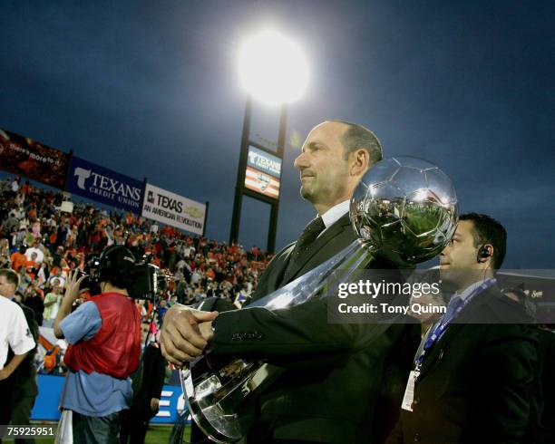 Don Garber with the trophy after the game uring the MLS Cup Championship in Frisco, Texas on November 12, 2006. Houston Dynamo prevailed over New...