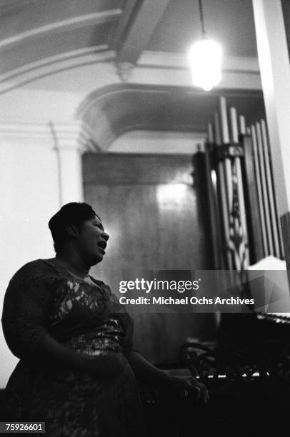 Gospel singer Mahalia Jackson performs in a church the weekend of the American Jazz Festival in July 1958 in Newport, Rhode Island.