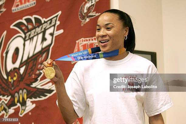 Olympic Women's Basketball Player Dawn Staley holds a press confrence Monday on August 30, 2004 at the Liacouras Center in Philadelphia to show her...