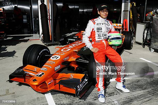 Sakon Yamamoto of Japan and Spyker F1 poses for the media during the Hungarian Formula One Grand Prix Previews at the Hungaroring on August 2 in...