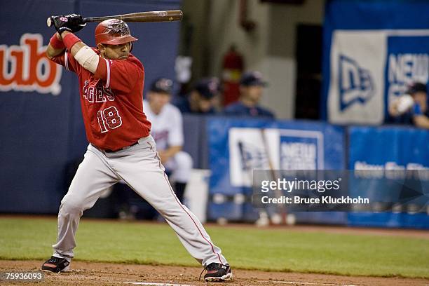 Orlando Cabrera of the Los Angeles Angels bats in a game against the Minnesota Twins at the Humphrey Metrodome in Minneapolis, Minnesota on July 22,...
