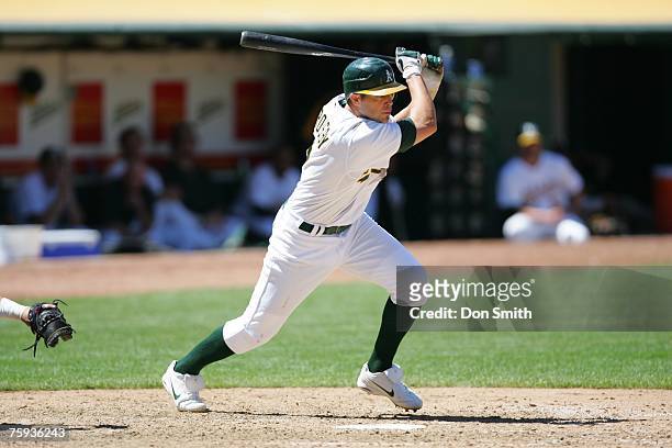 Bobby Crosby of the Oakland Athletics bats during the game against the Baltimore Orioles at the McAfee Coliseum in Oakland, California on July 22,...