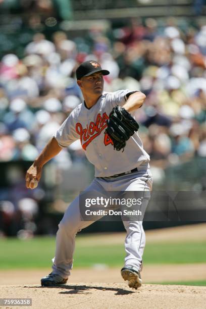 Jeremy Guthrie of the Baltimore Orioles pitches during the game against the Oakland Athletics at the McAfee Coliseum in Oakland, California on July...