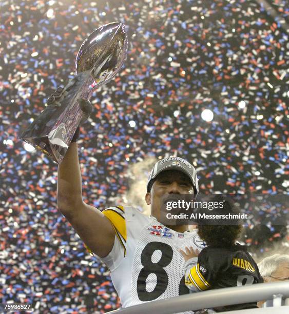 Steelers Hines Ward, who won the MVP, holds the Vince Lombardi trophy after the Steelers won Super Bowl XL between the Pittsburgh Steelers and...