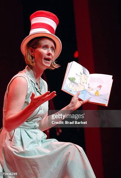 Actress Cynthia Nixon reads from the Dr. Seuss book "Green Eggs and Ham" at TheatreworksUSA's Free Summer Theater offering at the Lucille Lortel...