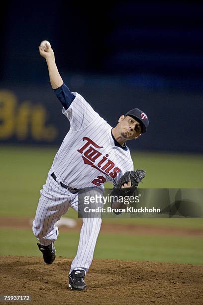 Matt Garza of the Minnesota Twins pitches in a game against the Detroit Tigers at the Humphrey Metrodome in Minneapolis, Minnesota on July 17, 2007....