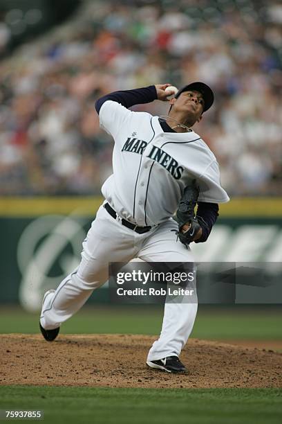 Felix Hernandez of the Seattle Mariners pitches during the game against the Detroit Tigers at Safeco Field in Seattle, Washington on July 12, 2007....