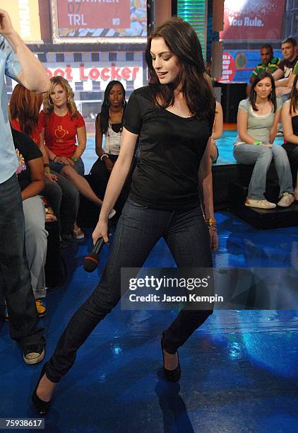 Actress Anne Hathaway visits MTV's TRL at MTV Studios in Times Square on July 31, 2007 in New York City.