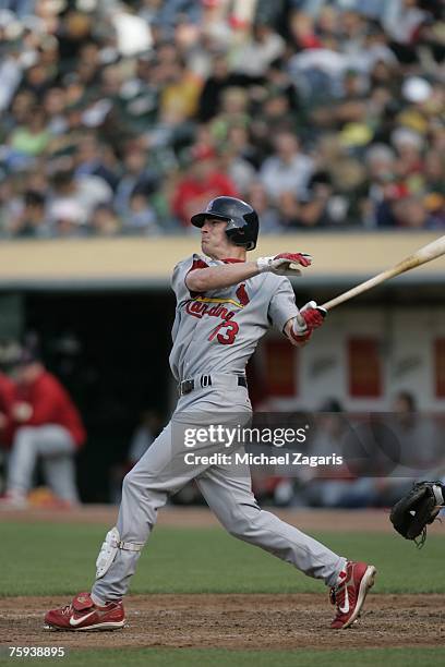 Brendan Ryan of the St. Louis Cardinals hits during the game against the Oakland Athletics at the McAfee Coliseum in Oakland, California on June 16,...