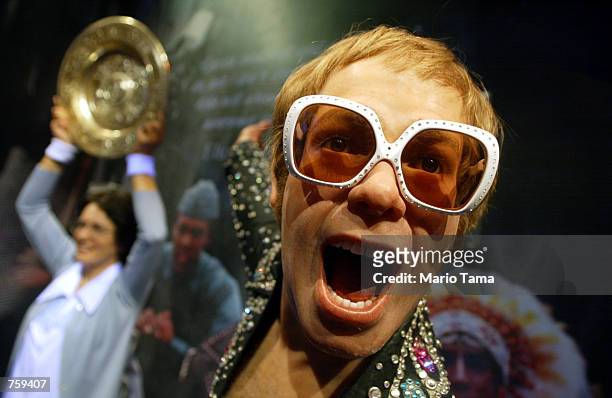 Wax likenesses of singer Elton John and tennis star Billie Jean King are seen at Madame Tussaud's April 10, 2002 in New York City. Madame Tussaud's...