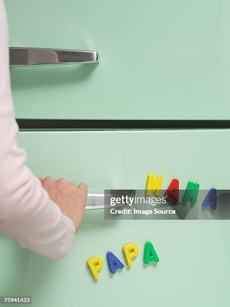 words written with magnets on refrigerator - fridge door stock-fotos und bilder