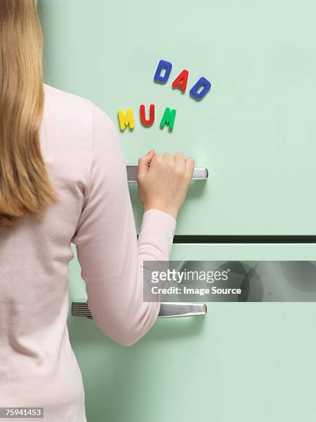 words written with magnets on refrigerator - fridge door stock-fotos und bilder