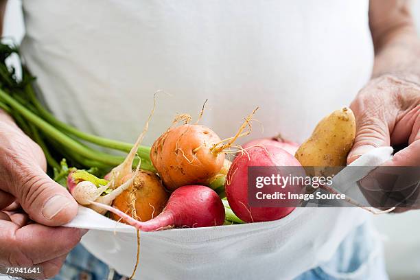 man carrying vegetables in a t shirt - fingerling potato stock pictures, royalty-free photos & images