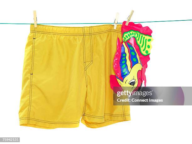 trunks and an inflatable toy on a washing line - zwembroek stockfoto's en -beelden