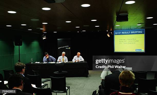 Telecom CFO Marko Bogoievski, Acting CEO Simon Moutter and Chairman Wayne Boyd answer questions from the media and shareholders as Telecom announce...