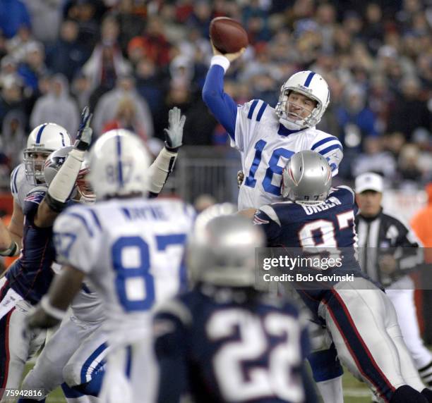 Peyton Manning gets off a pass during the NFL game between the New England Patriots and Indianapolis Colts at Gillette Stadium in Foxborough, MA on...