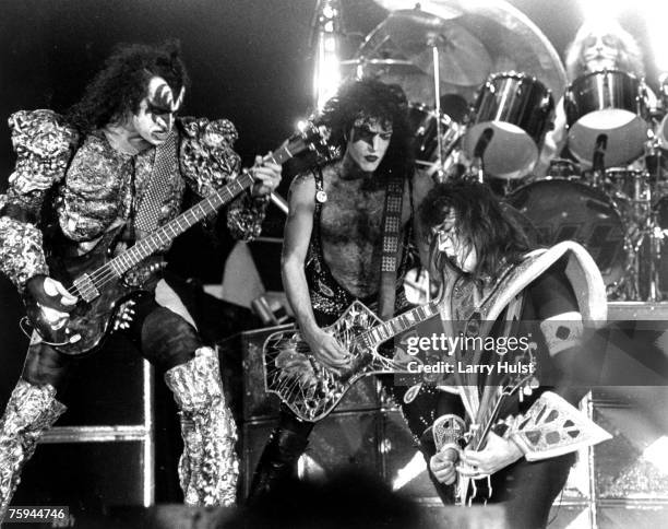 Gene Simmons, Paul Stanley, Ace Frehley and Peter Criss performing with 'Kiss' at the Cow Palace in Daly City, California on December 16, 1979.