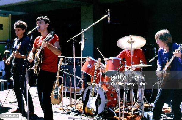 Jerry Harrison, David Byrne, Chris Frantz and Tina Weymouth of the art rock group "Talking Heads" perform onstage in circa 1979.