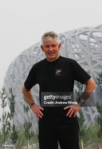 Dave Currie, the Chef de Mission of New Zealand Olympic Committee, poses during a visit to the construction site of the National Olympic Stadium on...