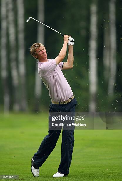 Chris Wood of England in action during the second round of the Russian Open Golf Championship at the Moscow Country Club August 3, 2007 in Moscow,...