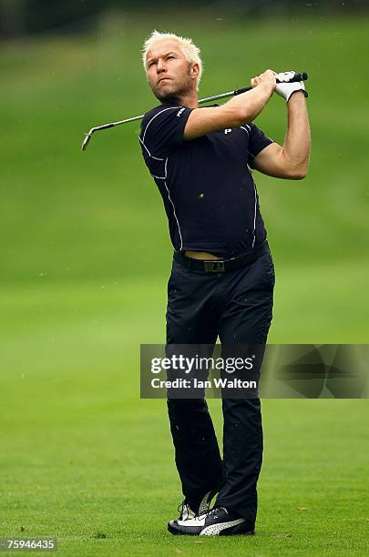 Per-Ulrik Johansson of Sweden plays his second shot on the 1st hole during the second round of the Russian Open Golf Championship at the Moscow...