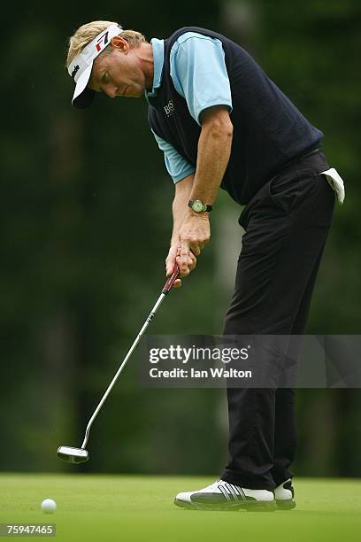 Philip Golding of England in action on th 16th hole during the second round of the Russian Open Golf Championship at the Moscow Country Club August...