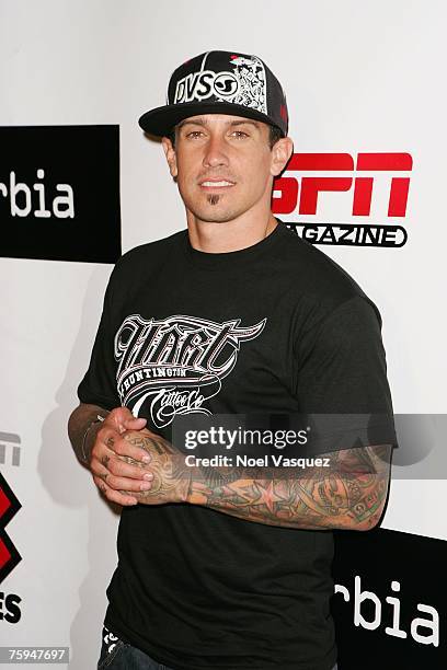 Motocross star Carey Hart arrives to the Disturbia DVD Launch and X Games 13 Kick Off Party at The Standard Downtown Hotel on August 02, 2007 in Los...