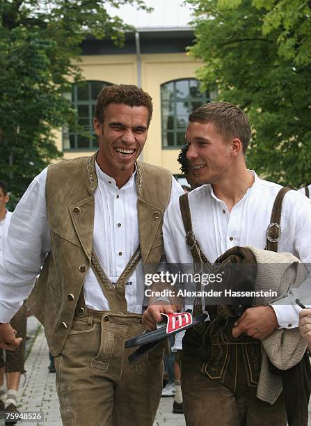 Valerien Ismael and Lukas Podolski smiles after the Bayern Munich team sponsor photocall at the Nockherberg on August 03, 2007 in Munich, Germany.